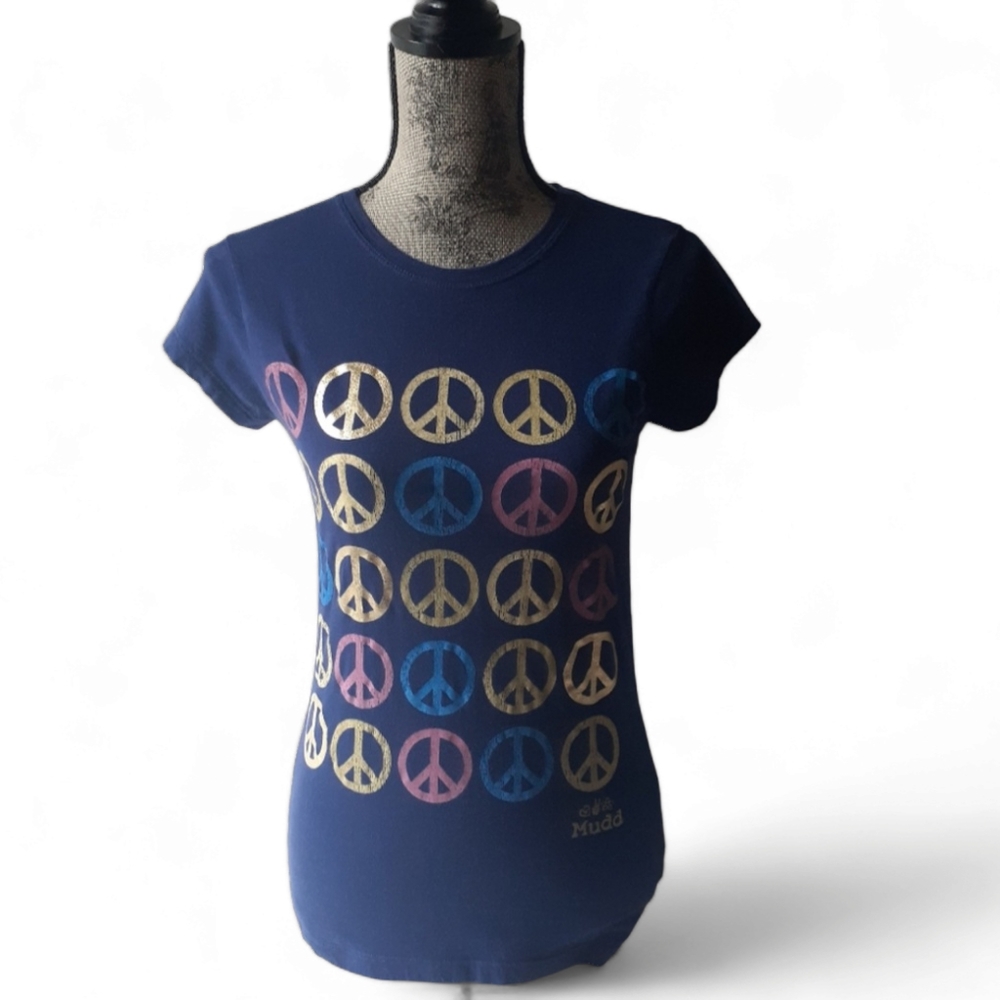 Mudd girls navy blue peace sign print short sleeve top size L